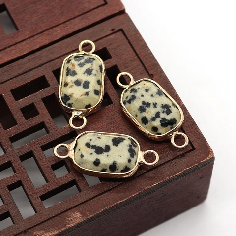 Natural Stone Rectangular Connector Pendants Double Hole Alloy Edged Lapis Lazuli Dalmatian Jasper Charms Jewelry Making