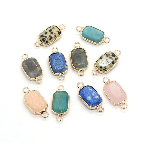 Natural Stone Rectangular Connector Pendants Double Hole Alloy Edged Lapis Lazuli Dalmatian Jasper Charms Jewelry Making