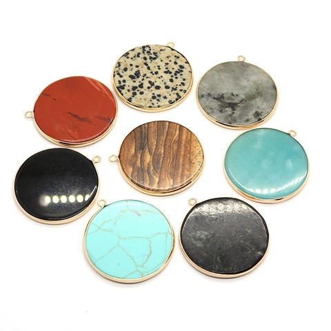 Round Natural Stone Disc Pendant With Gold Plated Edge Dalmatian Jasper Black Onyx For DIY Jewelry Making Necklace