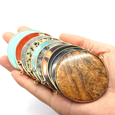 Natural Stone Round Disc Pendant With Gold Plated Copper Edge Single Hole Charm For DIY Jewelry Making Necklace Accessories
