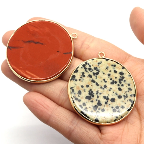 Round Natural Stone Disc Pendant With Gold Plated Edge Dalmatian Jasper Black Onyx For DIY Jewelry Making Necklace