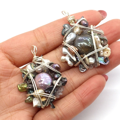 Handmade Wire Wrapped Natural Freshwater Pearl Pendant Stone Baroque Button Shape Boho Jewelry Finding Pendant Only Without Chain