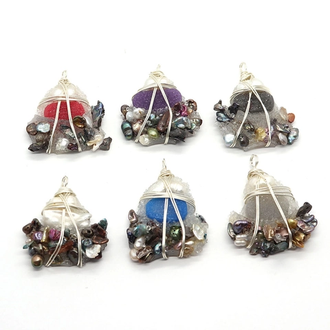 Bohemian Handmade Wire Wrapped Pendant With Natural Freshwater Pearl Druzy Crystal For DIY Necklace Jewelry Making Women