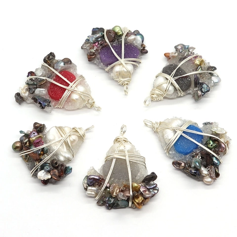 Bohemian Irregular Druzy Crystal Cluster Pendant With Freshwater Pearl Handcrafted Wire Wrapped DIY Jewelry Accessory
