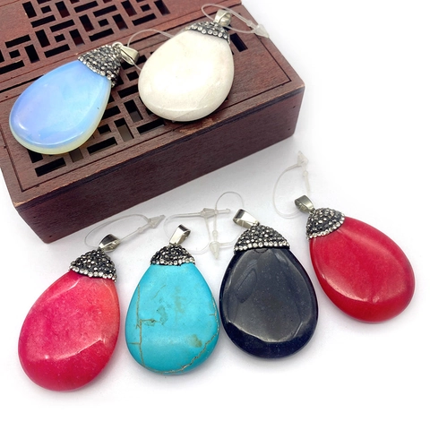 Natural Stone Teardrop Pendant Only Without Chain For Women Vintage Rhinestone Inlaid Water Drop DIY Jewelry Accessories