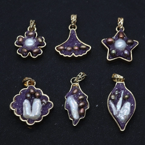 Natural Freshwater Pearl Flower Leaf Star Shape Copper Resin Druzy Pendant For Jewelry Making DIY Necklace Wedding Party Jewelry