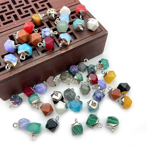Natural Stone Faceted Hexagonal Pendants For DIY Jewelry Making Necklaces Accessories Small Geometric Mineral Charms