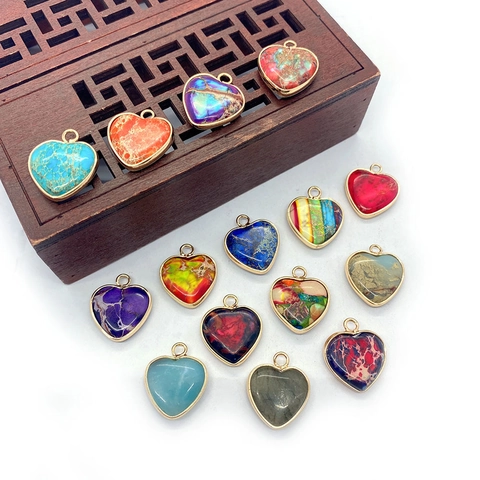 Natural Stone Heart Pendant Gold Plated Alloy Border Emperor Stone Turquoise Charm For DIY Jewelry Making Necklaces Women