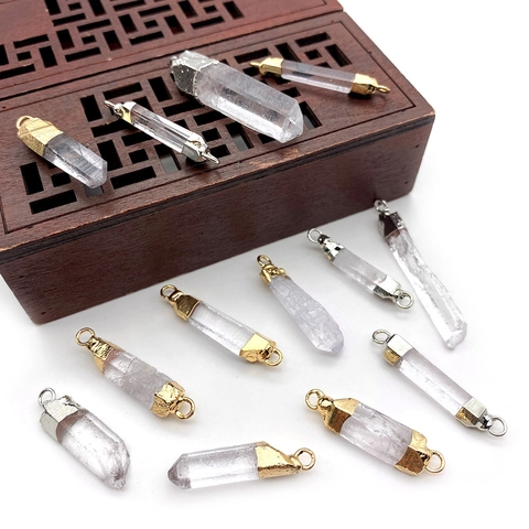 Natural White Quartz Crystal Hexagonal Column Pendant Connector Gold Silver Plated Alloy Charm For DIY Jewelry Making Accessories