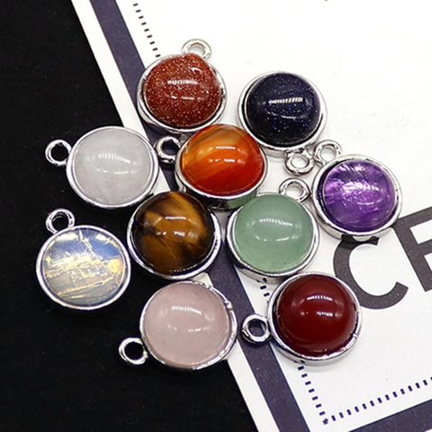Natural Stone Round Wrapped Pendant Copper Edging For DIY Jewelry Making Necklaces Accessories Amethyst Rose Quartz Charms
