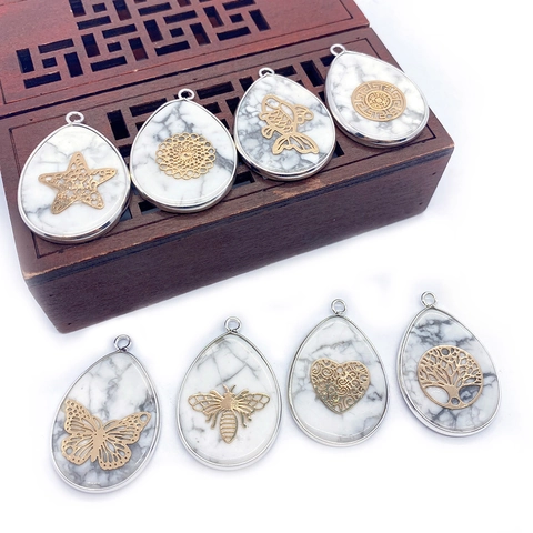 Natural Stone White Turquoise Teardrop Pendant Gold Plated Copper Hollow Butterfly Tree Of Life DIY Jewelry Findings