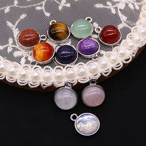 Natural Stone Round Charms Copper Electroplated Base Round Pendant Jewelry Findings For DIY Necklace Bracelet Making Findings Supplies