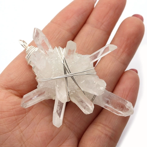 Natural Freshwater Pearl Clear Quartz Cluster Wire Wrapped Pendant Round White Crystal Silver Wire Wrap DIY Jewelry Accessory