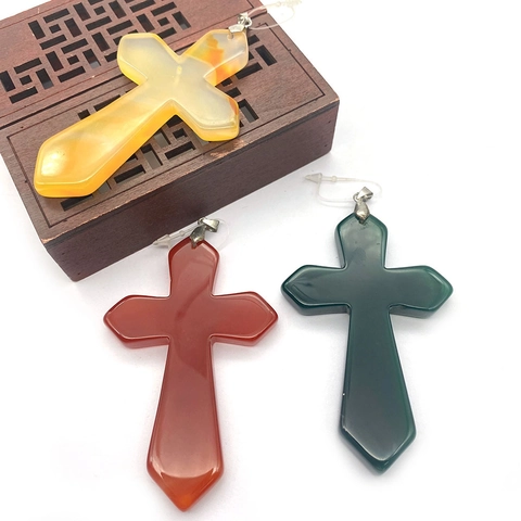 Naturstein Achat Kreuz Anhänger Für DIY Schmuck Herstellung Poliert Halbedelstein Religiöser Charm Mit Metallbügel