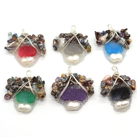 Natural Freshwater Pearl Resin Wire Wrapped Pendant Bohemian Crystal Druzy Crushed Stone DIY Jewelry Making Accessory