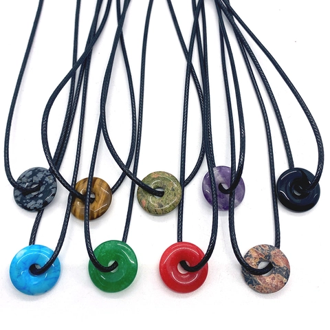 Natural Stone Donut Pendant Necklace For Women Men Amethyst Tiger Eye Rose Quartz Obsidian Healing Crystal Jewelry Gift