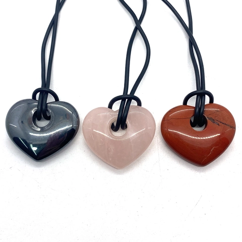 Natuurlijke Rozenkwarts Hematiet Rode Jaspis Hart Hanger Halsketting Groot Gat Steen Sieraden Met Zwart Koord Vrouwen