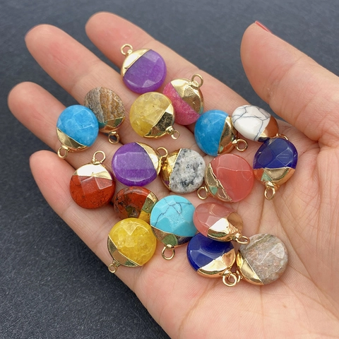 Faceted Natural Stone Pendants DIY Jewelry Making Flat Round Tiger Eye Rose Quartz Stainless Steel Charm Without Chain