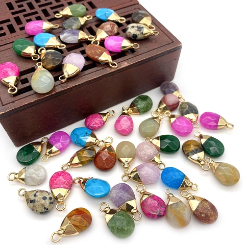 Natural Stone Faceted Water Drop Pendants Electroplated Alloy Cap Tiger's Eye Turquoise Gemstone Charms For DIY Jewelry Making