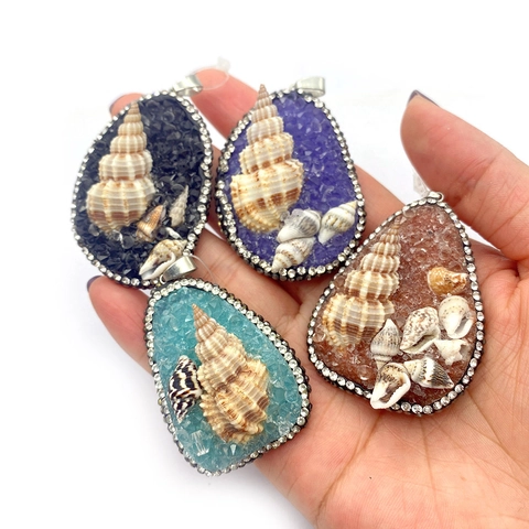 Bohemian Teardrop Natural Stone Druzy Pendant Inlaid Shell Snail Rhinestone Waterdrop Alloy Jewelry Charm For DIY Necklace