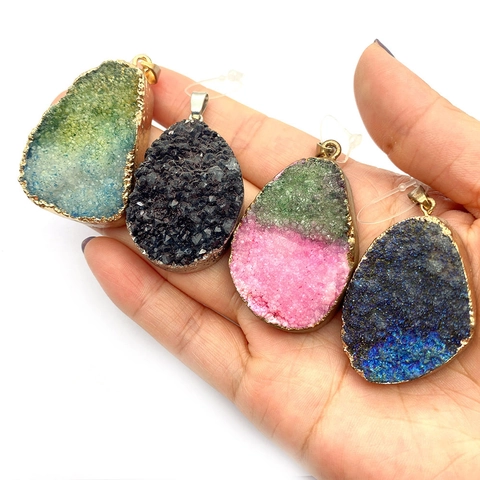 Natural Druzy Stone Irregular Water Drop Pendant DIY Jewelry Making Electroplated Gold Silver Edge Crystal Cluster Charm