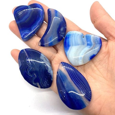 Natural Blue Banded Agate Stone Pendant Set Heart Moon Water Drop Oval Geometric Drilled Charms For DIY Jewelry Making Accessories