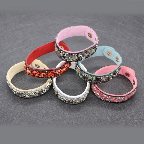 Bohemian Natural Crushed Stone Wide Leather Bracelet Vintage Ethnic Style Adjustable Snap Button Wrap Bangle For Women Men