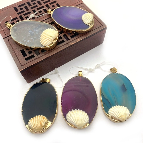 Natural Agate Stone Oval Pendant With Gold Plated Alloy Edge And White Shell For DIY Jewelry Making Sweater Chain Necklaces