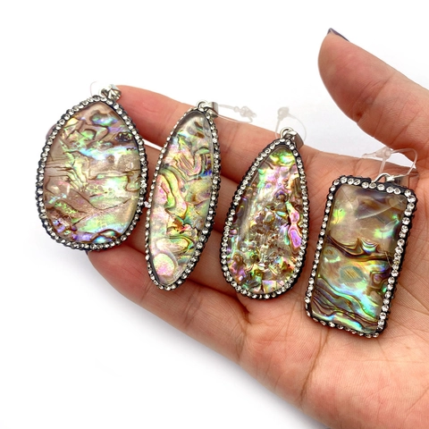 Pendentifs en Nacre d'Abalone Naturelle Avec Bords en Strass Ovale Marquise Goutte Rectangle Pendentif Uniquement Pour Fabrication de Bijoux DIY Colliers