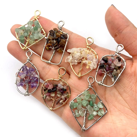 Handmade Tree Of Life Natural Stone Pendant Only Without Chain Wire Wrapped Geometric Crystal Jewelry Making Findings Unisex