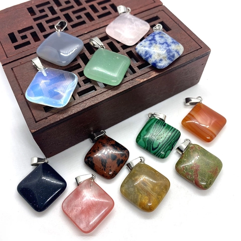 Square Natural Stone Pendant Only Without Chain With Silver Color Metal Bail For DIY Necklace Jewelry Making Accessorie