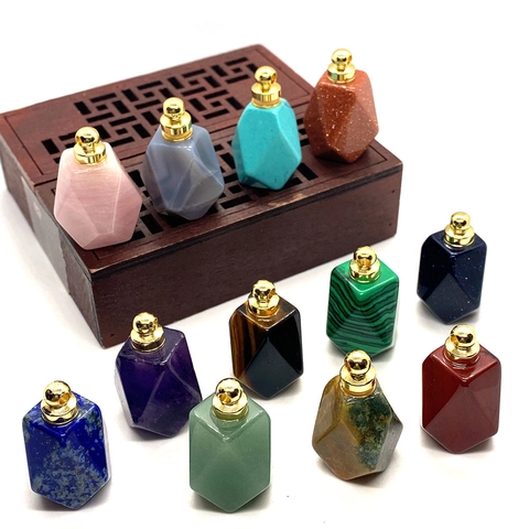 Pendente Bottiglia di Profumo e Olio Essenziale in Pietra Naturale Sfaccettata Con Tappo in Metallo Oro Argento Per DIY