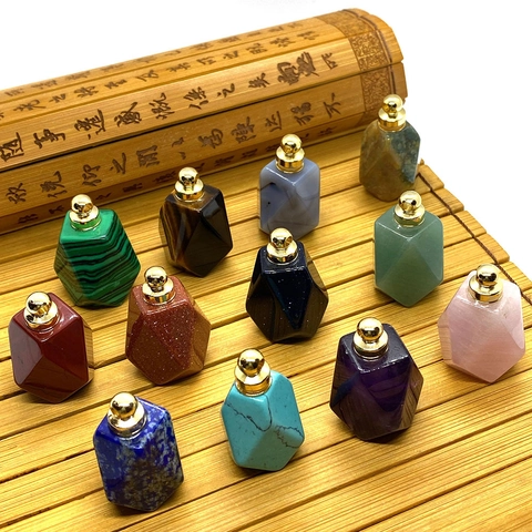 Natural Stone Faceted Mini Perfume Essential Oil Bottle Pendant With Gold Silver Metal Cap For DIY Necklace Jewelry Making