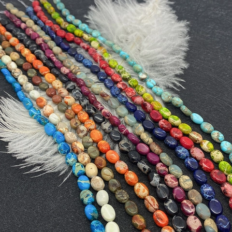 Natural Stone Imperial Jasper Turquoise Loose Beads Oval Flat Straight Hole Strand For DIY Necklace Jewelry Making Accessories