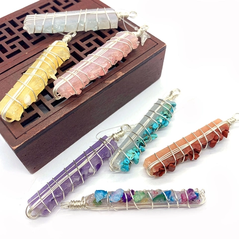 Handmade Wire Wrapped Natural Stone Crystal Pillar Pendant For DIY Jewelry Making Amethyst Turquoise Quartz Healing Charms