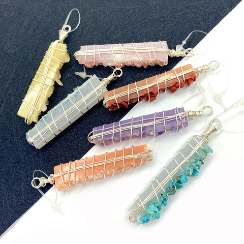 Handmade Wire Wrapped Natural Stone Crystal Pillar Pendant For DIY Jewelry Making Amethyst Turquoise Quartz Healing Charms