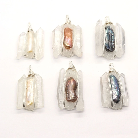 Natural Clear Crystal Cluster Baroque Freshwater Pearl Wire Wrapped Pendant Only (Without Chain) For DIY Jewelry Women
