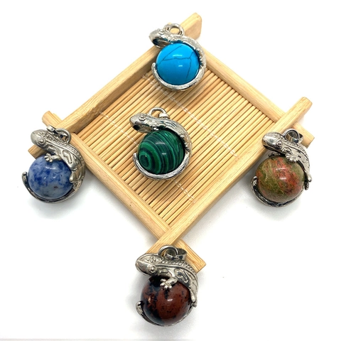 Natural Stone Lizard Pendant Round Ball Gemstone Gecko Shape Pendants Bohemian Vintage Silver Alloy Inlaid DIY Jewelry Making Accessories For Women Men Gift