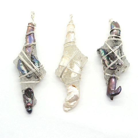 Natural Freshwater Pearl Crystal Irregular Wire Wrapped Pendant Handcrafted Baroque Pearl Quartz Cluster Jewelry Making Accessory Without Chain