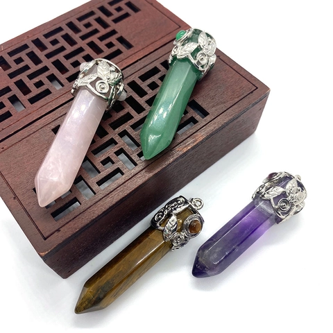 Naturstein Sechseckiges Prisma Anhänger Polierter Amethyst Rosa Quarz Tigerauge Kristallpunkt Anhänger Für Schmuckherstellung Damen Accessoire