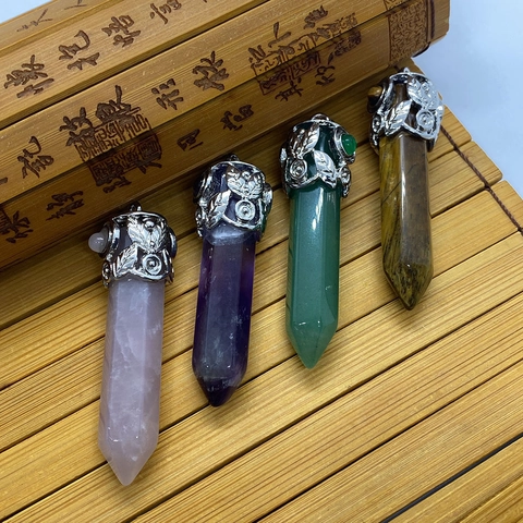 Naturstein Sechseckiges Prisma Anhänger Polierter Amethyst Rosa Quarz Tigerauge Kristallpunkt Anhänger Für Schmuckherstellung Damen Accessoire