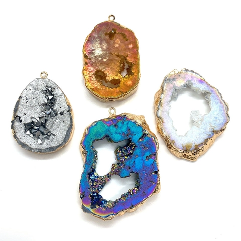 Natuurlijke Druzy Geode Agaat Kristal Hanger Onregelmatige Ruwe Steen Charm Met Vergulde Rand Voor DIY Sieraden Maken Ambachten Alleen Hanger (Zonder Ketting)