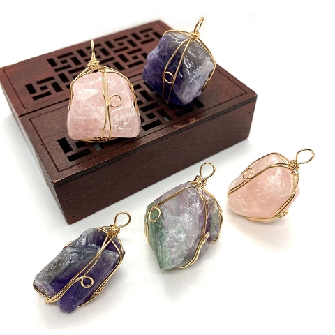 Naturstein Handdrahtgewickelt Unregelmäßiger Rohkristall Anhänger Für Schmuckherstellung DIY Amethyst Rosenquarz Anhänger Ohne Kette