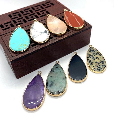 Natural Stone Teardrop Pendant Charms With Gold Plated Alloy Edging Water Drop Stone For DIY Necklace Earring Jewelry Making Accessories