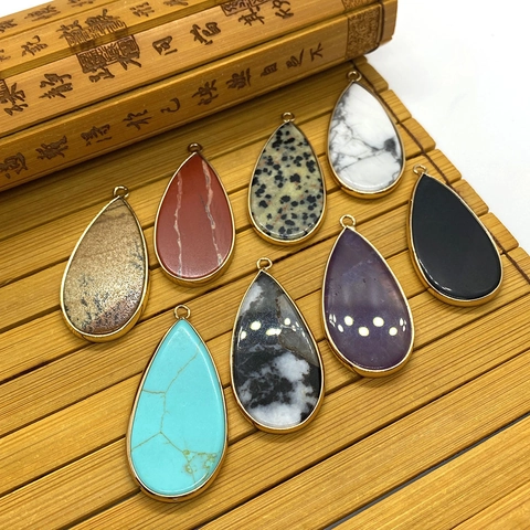 Natural Stone Teardrop Pendant Charms With Gold Plated Alloy Edging Water Drop Stone For DIY Necklace Earring Jewelry Making Accessories