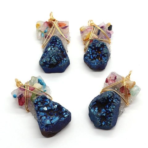 Natural Crystal Stone Handmade Wire Wrapped Pendant Irregular Blue Drusy Quartz Chips Charm For DIY Jewelry Making Women Accessory