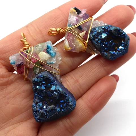 Natural Crystal Stone Handmade Wire Wrapped Pendant Irregular Blue Drusy Quartz Chips Charm For DIY Jewelry Making Women Accessory