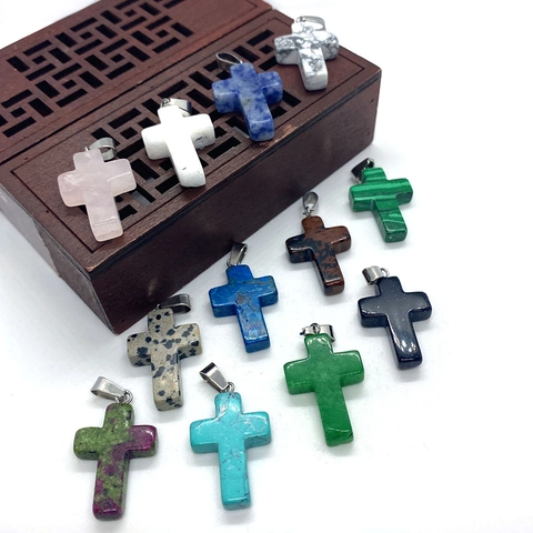 Natural Stone Cross Pendant Polished Gold Sandstone Black Agate Cross Charms For Jewelry Making DIY Necklace Accessories Unisex