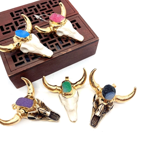 Acrylic Bull Head Pendant With Crystal Druzy Inlaid Copper Gold Plated Cow Skull Charms For DIY Jewelry Making Accessories Bohemian Style
