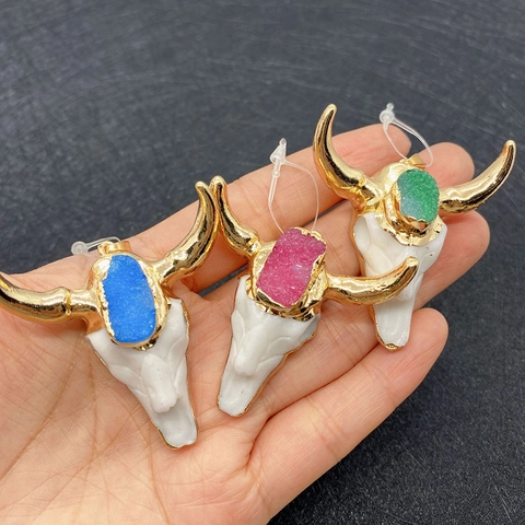 Acrylic Bull Head Pendant With Crystal Druzy Inlaid Copper Gold Plated Cow Skull Charms For DIY Jewelry Making Accessories Bohemian Style